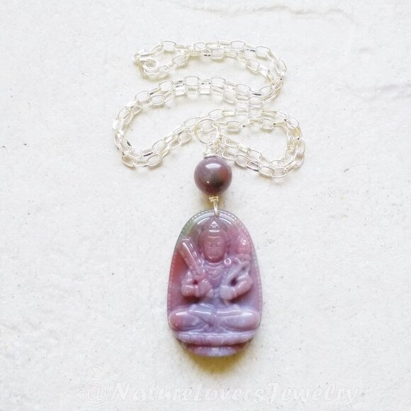 Guanyin ~ Mauve India Agate Amulet Necklace & Earring Set! Quan Yin Buddhism - Picture 3 of 13